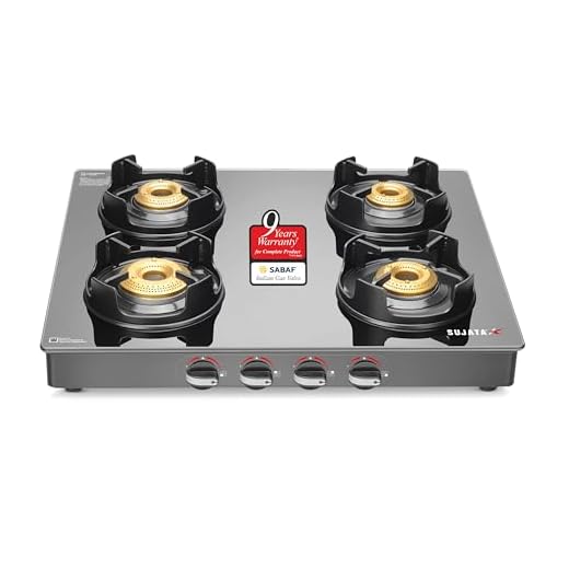 Sujata Deluxe Gas Stove | 9 Years Warranty | Gas Stove 4 Burners Glass Top, 4 Burner Stove, Manual Ignition, SABAF, ISI Certified, LPG & PNG Compatible, Jumbo Brass Burner (Black)