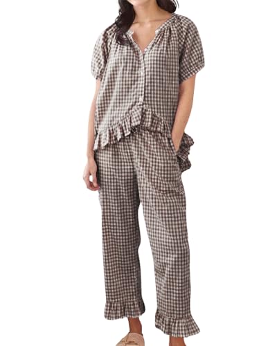 Image of codcm Womens Gingham Pajama Set 2 Piece Short Sleeve Babydoll Shirt and Pants Lounge Set Cute Sleepwear