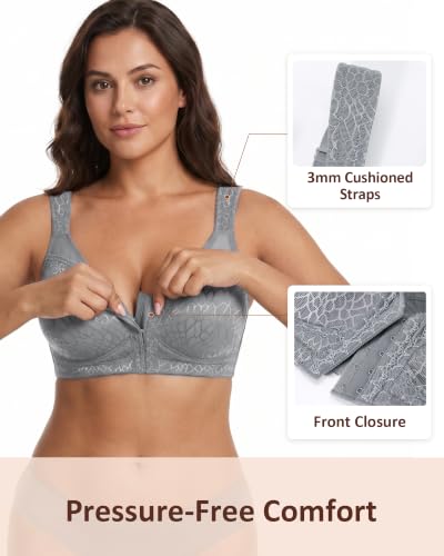Image of Lemorosy Women's Plus Size Front Closure Posture Back Unlined Wireless Bra | Double Support, Full Coverage, Minimizer, Unpadded, Large Busts, 34D-48DDD
