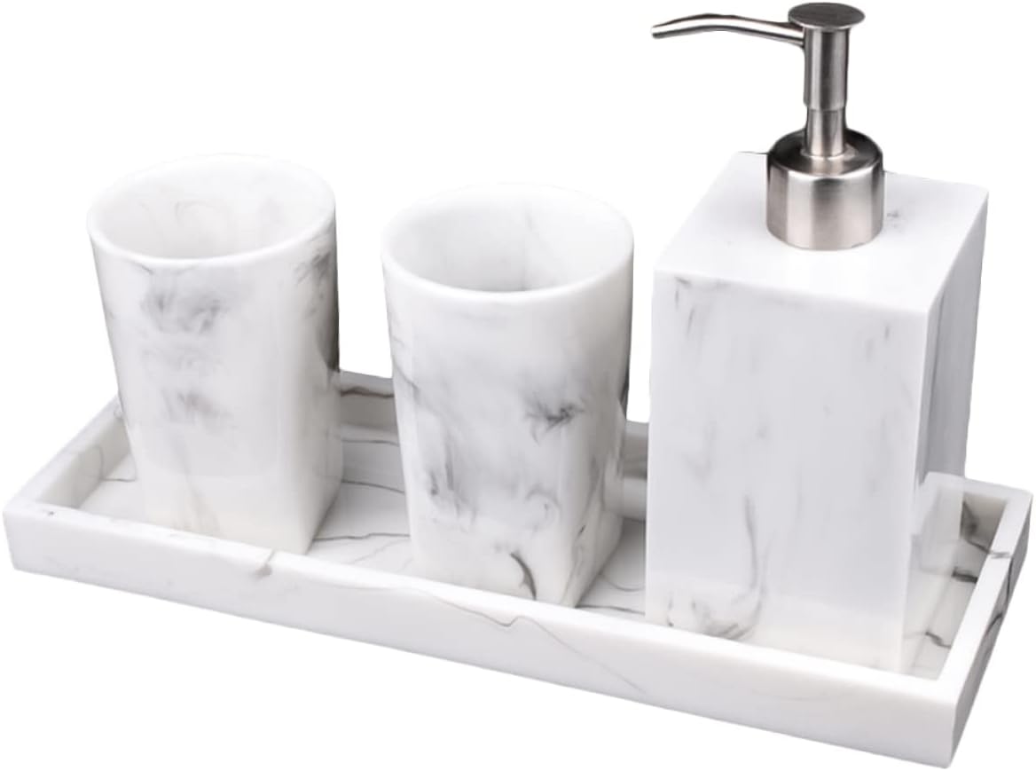Cabilock Bathroom Soap Dispenser Set Marble Wash Set Tray Cups Modern Design for Home Hotel Restaurant