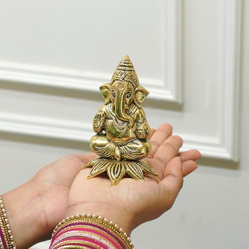 Image of BEHOMA Pure Brass Lord Ganesha Idol on Lotus Base with Gift Box | Ganesh Murti for Home Decor, Pooja Room, Office, Vastu & Diwali Gift