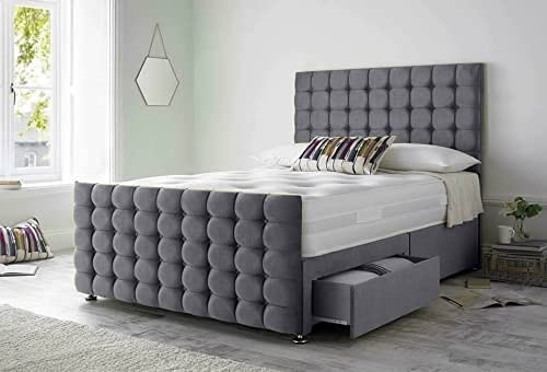 Luxurious Beds Grey Divan Bed with Mattress Headboard And 2 Bottom End Storage Drawers (Super King Size 183CM X 205CM)