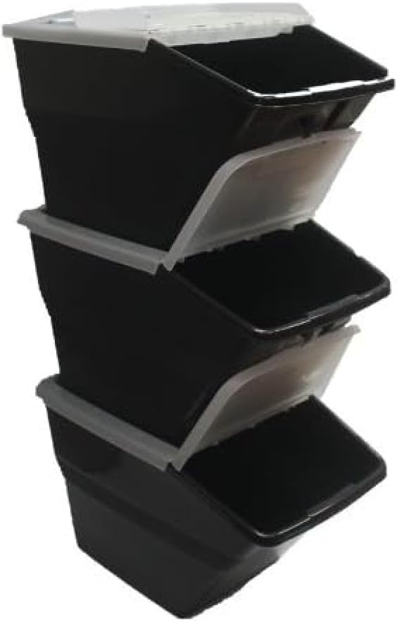 WTM BBCL- Three Pack of Stackable Bins with Hinged Lids 24 Quart Size (pack of 3) Black/Clear