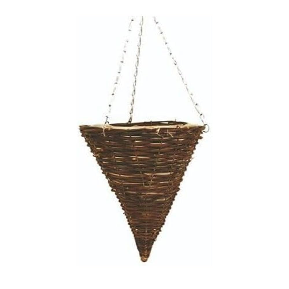 Wicker Basket Planters – Natural Rattan Willow Hanging Flower Pots with Polythene Liner & Metal Chain – Large Decorative Cone Shaped Hanging Planters for Indoor & Outdoor (Cone 36cm, 14Inch x 1Pack)