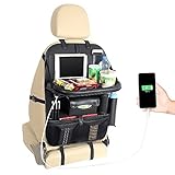 Yinleader Premium PU Auto Rückenlehnenschutz, Rücksitz-Organizer mit 4 USB-Ladeanschlüsse, Klappbarer Tabletttisch, iPad Mini-Halter Multi Taschen inklusive Tissue Box Autositzschoner Wasserdicht