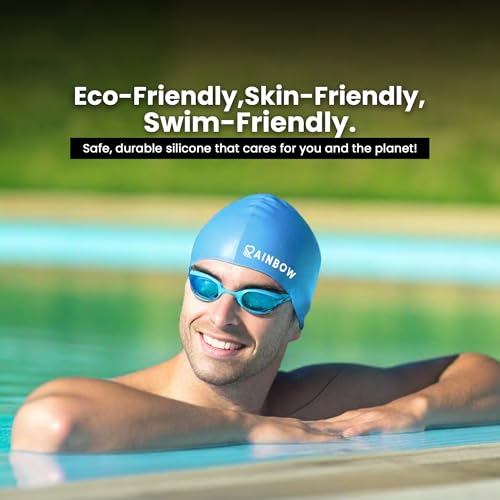 Image of Rainbow Silicone Swimming Cap for Men, Women & Kids | Stretchable Swim Cap for Long & Short Hair | Durable, Waterproof & Comfortable Fit - Blue