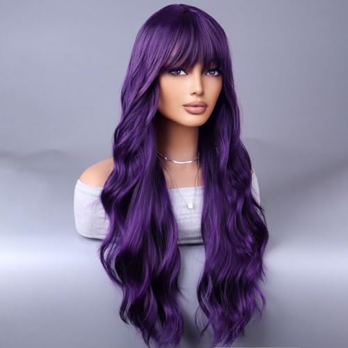 WTHCOS Dark Purple Wigs for Women Girls Long Curly Wavy Dark Purple With Bangs Heat Resistant Synthetic Wigs Halloween Cosplay Costume Wig