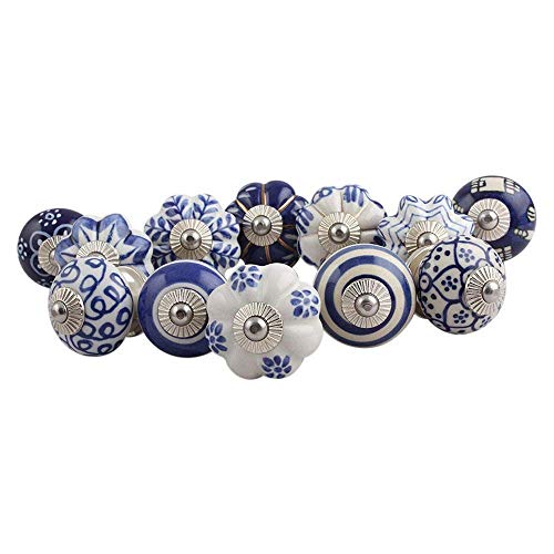 Image of Ceramic Vintage Assorted Blue Pottery Drawer, Door Knobs and Pulls Handle for Kitchen Cabinets Home Interior D�cor (10, Blue) - Pack of 10