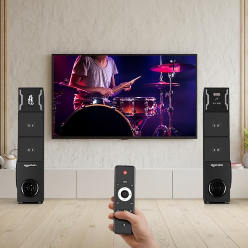 Image of Amazon Basics 2.0CH 125W Multimedia Tower Speakers with Wireless Microphone, Multi-Connectivity Option with Supporting USB, AUX, FM, Mic (Black)
