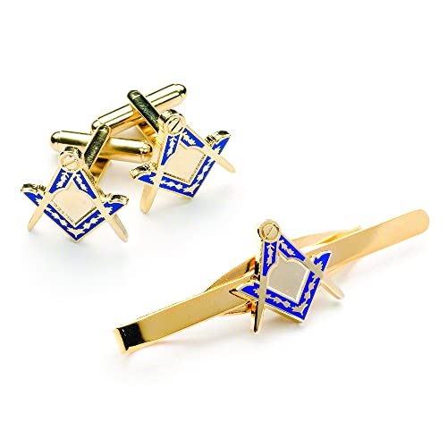 THE MASONIC COLLECTION - Masonic Gold Cufflinks & Tieslide Set - Square & Compass Design- Gold Plated with Blue Enamel Coating