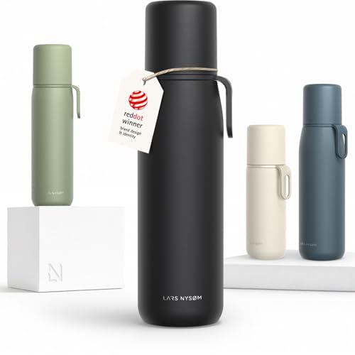 Image of LARS NYSOM Stainless Steel Thermo Water Bottle - Double Wall Insulated Water Bottle with Cup & Carry Strap, Leakproof Metal Bottle for Travel, Office & Outdoor (Carbon Black, 34oz)