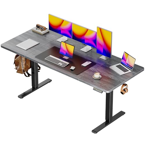 Huuger 63 x 28 Large Electric Standing Desk, Height Adjustable Computer Desk, 27.6" Deep Desktop, Stand up Gaming Office Table with 2 Hooks, 3 Preset Heights, for Home Office, Grey