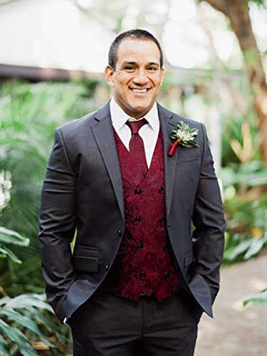 Rongkim Mens Victorian Vest Double Breasted Suit Vest Slim Fit Brocade Paisley Floral Waistcoat (Red, Xx-Large) #TOP3