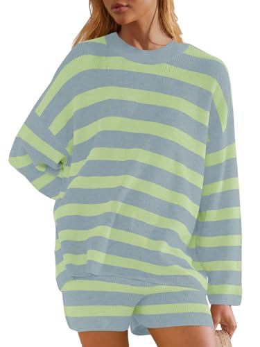 Image of Panadila Womens Striped Sweater Set Oversized Lounge Sets Matching Pajamas Long Sleeve Sweater Top and Shorts