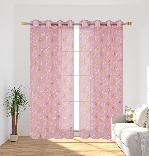 Image of Homefab India Embroidery Floral Net Transparent Sheer Curtain - 9X4 Feet, Long Door Curtains, Pink, Pack of 1 Pc