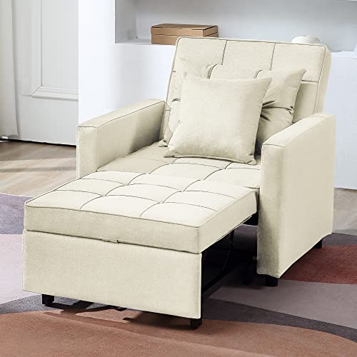 Bigsyy 3-In-1 Chair Bed, Folding Sofa Bed With Adjustable Backrest, Pull Out Sleeper Chair Bed, Multi-Functional Single Armchair,Modern Linen Fabric Chair Bed (Linen White) #TOP26