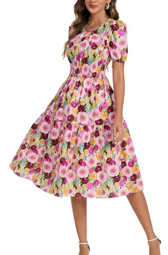 Kormei Damen-Sommerkleid, lässig, Boho-Stil, Blumenmuster, Rundhalsausschnitt, kurze Ärmel, gesmokte Taille, gestuftes, fließendes Swing-Midikleid,...