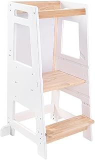 HARPPA Toddler Stools Helper with Adjustable Height and Anti-Slip Protection, Kids Standing Tower with Safety Rail, Kids Step Stool with Learning Chalkboard, Natural, White