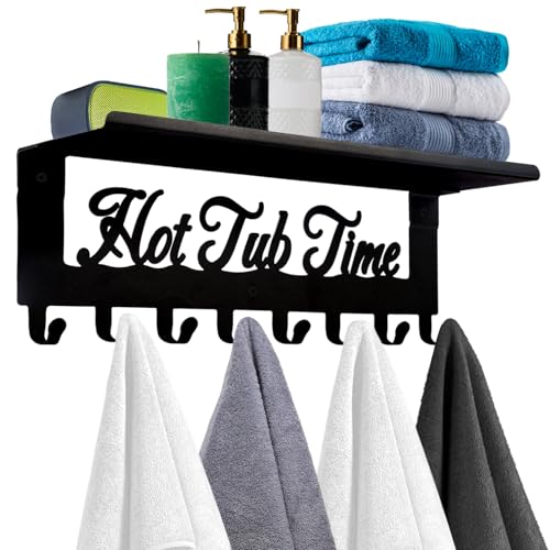 Topspeeder Hot Tub Towel Rack 8 Hooks Hot Tub Accessories with Shelf Bathroom Towel Holder Organizer Outdoor Wall Mount Decor in Bath Hot Spring Swim Pool Hotel