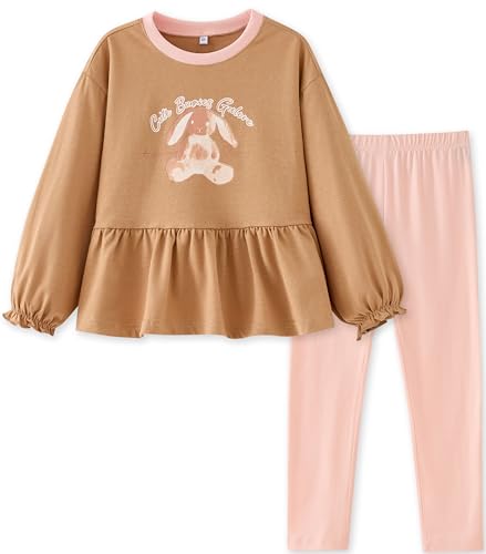 Image of UMELOK Girls Clothing Set 2 Pcs Long Sleeve Ruffle Print Top and Leggings Fall Outfit Size 4-7 Years