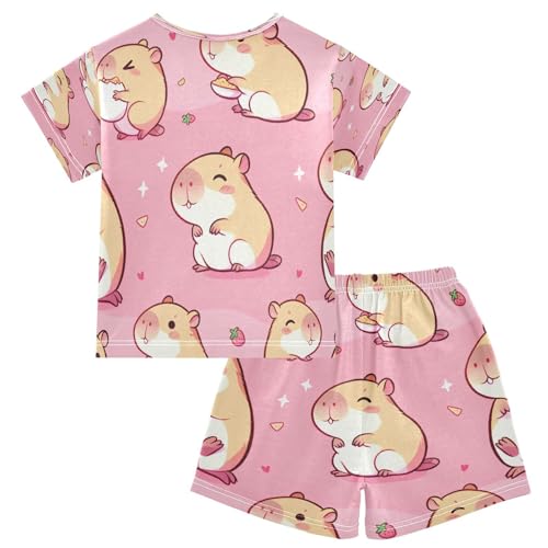 Pajama Sets Short Sleeve Kawaii Capybara Pink Cartoon Soft Cotton Summer Sleepwear 2 Piece PJS Size 5-14T2