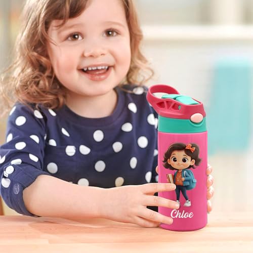 Image of callie Personalized Insulated Kids Water Bottle with Cartoon Character, Custom 12 oz Leak Proof Lid Stainless Steel Cups with Straw, Gifts for Boys Girls