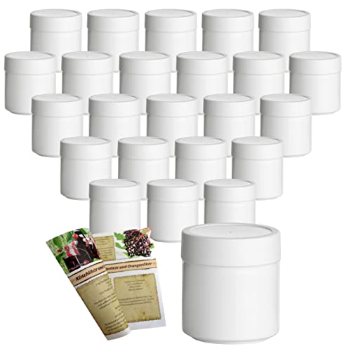 gouveo 24er Set Cremetiegel 30 ml weiß aus Kunststoff mit Schraub-Deckel weiß - Leere Cremedose zum Nachfüllen - Mini Döschen für Creme, Kosmetik, Lotion - Kosmetikbehälter für Reise und Handtasche Cover