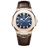 RORIOS Orologio Minimalista da Uomo Orologio da Polso Analogico Quarzo Orologio Calendario Luminosi Orologio Casual Acciaio Inossidabile Cinturino in Pelle Oro rosa Blu