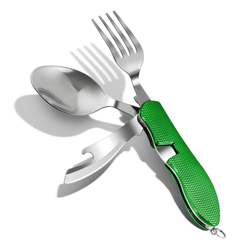 ZIMAIC Couverts de camping pliants en acier inoxydable Couverts de camping 4 en 1 Couverts de camp Ouvre-bouteille Couteau Fourchette Cuillère Set Vert