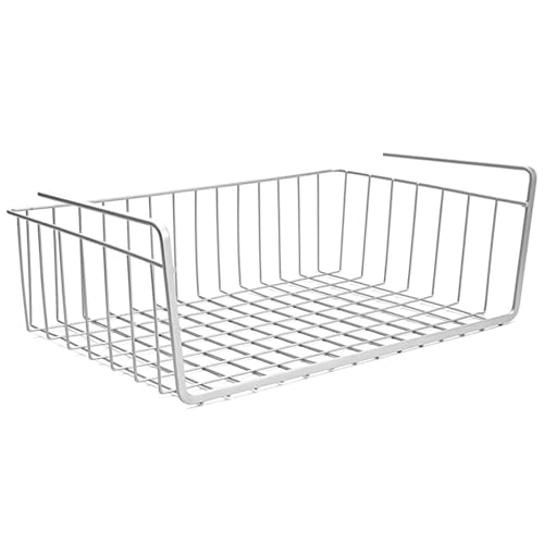 Image of Go Hooked 16 Inch Under Shelf Storage Basket Pack of 3 | Heavy Duty Metal Under Cabinet Organizer for Kitchen, Pantry, Cupboard, Wardrobe, Closet & Bathroom | Hanging Wire Basket Silver