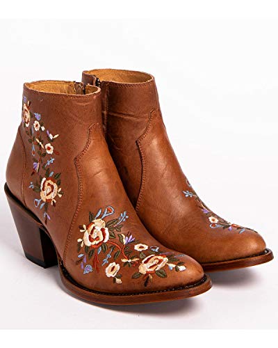 Shyanne Women's Millie Floral Embroidered Booties Round Toe Brown #TOP3