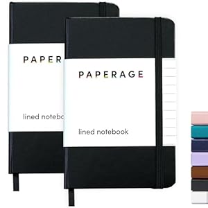 PAPERAGE Lined Pocket Journal Notebook, 2 Pack, (Black), 160 Pages, Small Notebook, 3.6 inches x 5.6 inches – 100 GSM Thick Paper, Hardcover