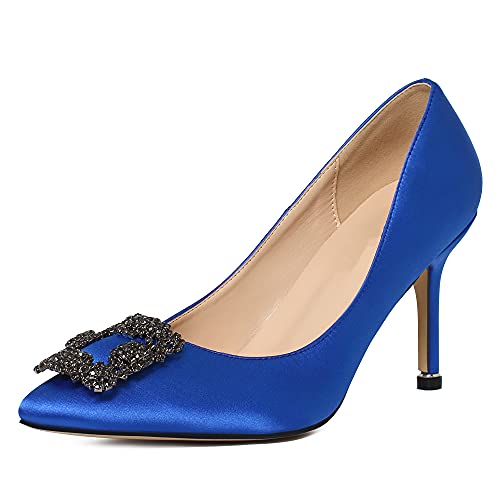 EAZZ Women's Hangisi Pumps High Heel Pointed Toe Rhinestone Brooch Satin Backless Stiletto Slip On Wedding Shoes Blue