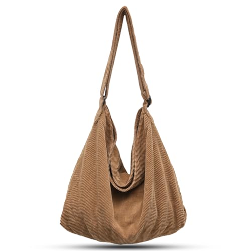 ONCCI Borsa a Tracolla da Donna in Velluto a Coste - Grande Shopper Tote Bag Casual per Scuola, Uni, Ufficio, Lavoro, Viaggi, Uscite, Shopping (Marrone)