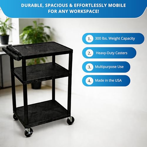 Image of FSE 373-LP34E-B 34 inch AV Cart, 3-Shelf Electric Utility Cart with 300 lb Capacity, 24 inch x 18 inch Molded Plastic Shelves, Built-in 3-Outlet Power Strip with 15' Cord, 4 inch Locking Casters, Black