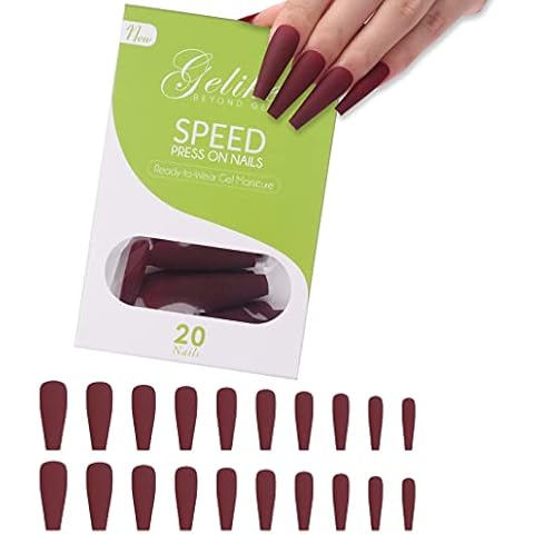 Gelike ec Acrylic Press on Nails Kit Ready to Wear Gel Manicure, 10 Size Medium Coffin Fuchsia False Nails Wedding Full Cover Salon DIY Fake Nial with Nail Adhesive Tabs (Cherry Red) Cover