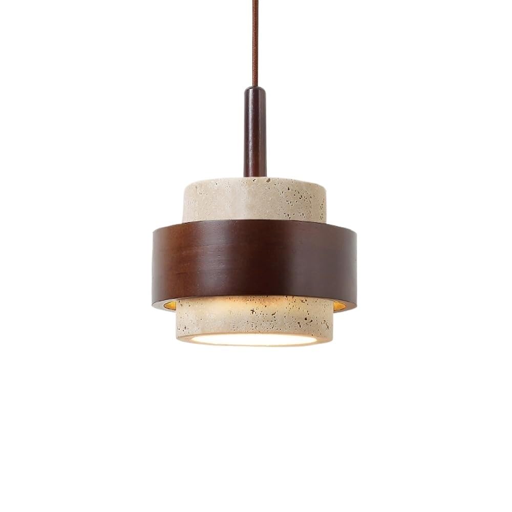 LYMSXAZOU Modern Vintage Style Adjustable Height Hanging Lamp Cylindrical Yellow Travertine Body Pendant Light Fixtures Solid Wood Accent 3000K Warm Chandelier for Bedroom