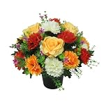 UK Handmade Artificial Grave Flowers for Cemetery Pot - Weather Resistant Faux Silk Memorial Arrangement with Premium Yellow open Roses and spiky Chrysanthemums in Red and Orange 27cm Grave Decoration