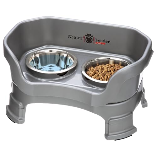 Neater Feeder Deluxe Mess Proof Dog Bowls Elevated for Small Breeds – Made in USA – No Spill Raised Dog Food Bowl Stand w/Leg Extensions – Stainless Steel Dog Food and Water Bowl Set – Grey