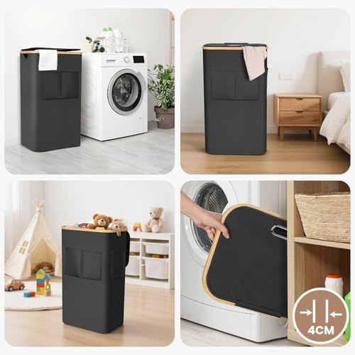 OUSFOT Wäschekorb mit Deckel 105L, Wäschesammler mit Griffen aus Bambus, Laundry Basket Wasserdicht aus 600D Oxford Stoff mit Abnehmbarem Wäschesack, Fronttasche, für Waschküche Schlafzimmer, Schwarz