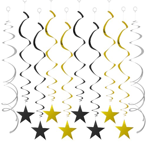 Image of 40Pcs Hanging Stars Swirls Party Decorations Plastic Star Spirals Streamers Foil Ceiling Decor for Birthday All Kinds of Parties Classroom Home (Gold, Black, Silver)