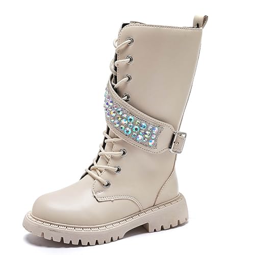 Girl Lace Up Boots Sparkly Rhinestone Strap Fashion Western Riding Boots Side Zip Up Combat Chunky Bottom Kids Boot2