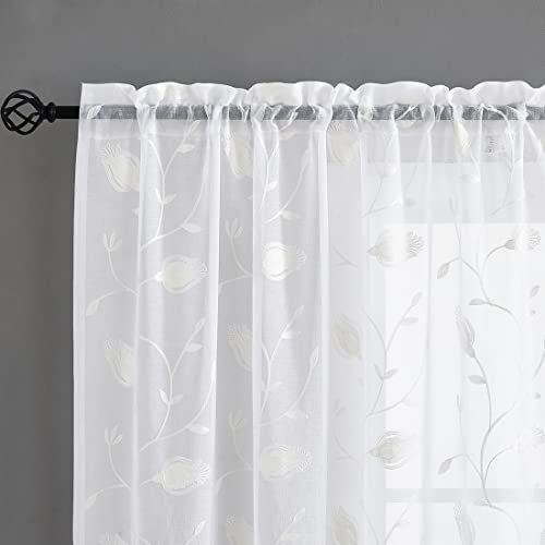 Image of White Sheer Curtains Embroidery 72 Inch Length Rod Pocket Voile Drapes for Living room, Bedroom, Outdoor, Nursery Curtain Semi Flower Curtain Panels for Baby, Womaen, Garden, Lawn, Set of 2, 52 inchx 72 inch.
