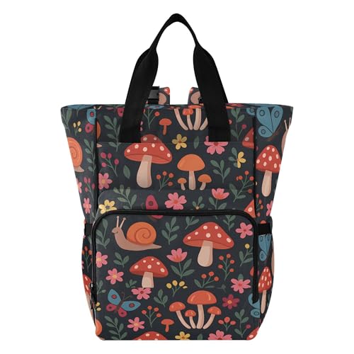 Image of linqin Diaper Bag Backpack, Mushroom with Snails Multifunctional Travel Backpack Maternity Changing Bags, Large Unisex Baby Bag Tote