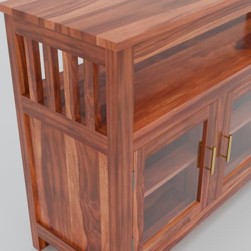 Image of Solid Sheesham Wood Sideboard for Living Room with Glass Doors | 3-Door Storage Unit & Open Display Shelf | Buffet Cabinet for Dining Room, Entryway & Hallway | Honey Finish | 140 x 40 x 82 cm
