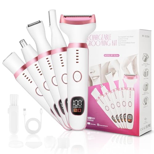 CNMTCCO Afeitadora íntima para mujeres, 5 en 1, afeitadora para mujer con recortador de vello nasal, recortadora de cejas, afeitadora femenina, cortabarba, curva, para bikini, axilas, piernas, cejas