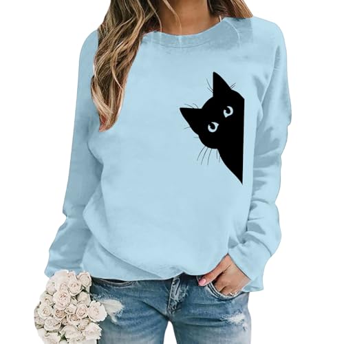 Sweat-shirt chat pour femme avec col rond et manches longues