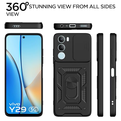 Image of Pikkme Back Cover for Vivo Y29 5G / Vivo Y19s 5G | 360 Protection Case | Sliding Camera Shield Cover & Ring Holder Stand D10 Tough Armor Bumper Case (Black)