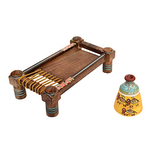 Image of Aakriti Art Creations Terracotta Vases Set of 3 with Wooden Chowki Stand | Handmade Flower Vases | Yellow Madhubani Happy Elephant Art Decorative Vases | Matte Finish Home Decor Items for Living Room
