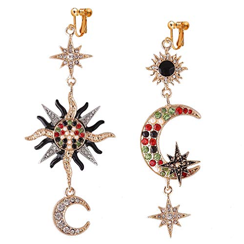 Sun Moon and Star Clip on Earrings for Women Girls Crescent Stars Dangle Colorful Crystal Flower Meteor Drop Exaggerated Geometric Asymmetry